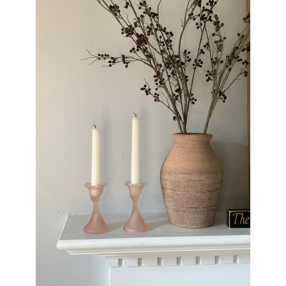 Vintage Frosted Pink Satin Glass Taper Candle Holders Set of 2 Ribbed Tulip 4.5